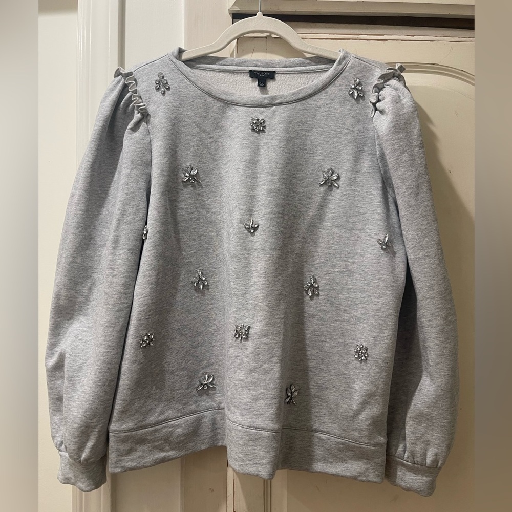 Women’s Talbots Light Gray Embellished Top crewneck sweater, sweatshirt